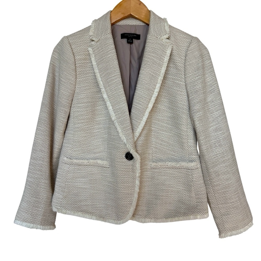 Ann Taylor Cream Tweed Blazer Jacket Women's 2P Business Casual One Button Fall